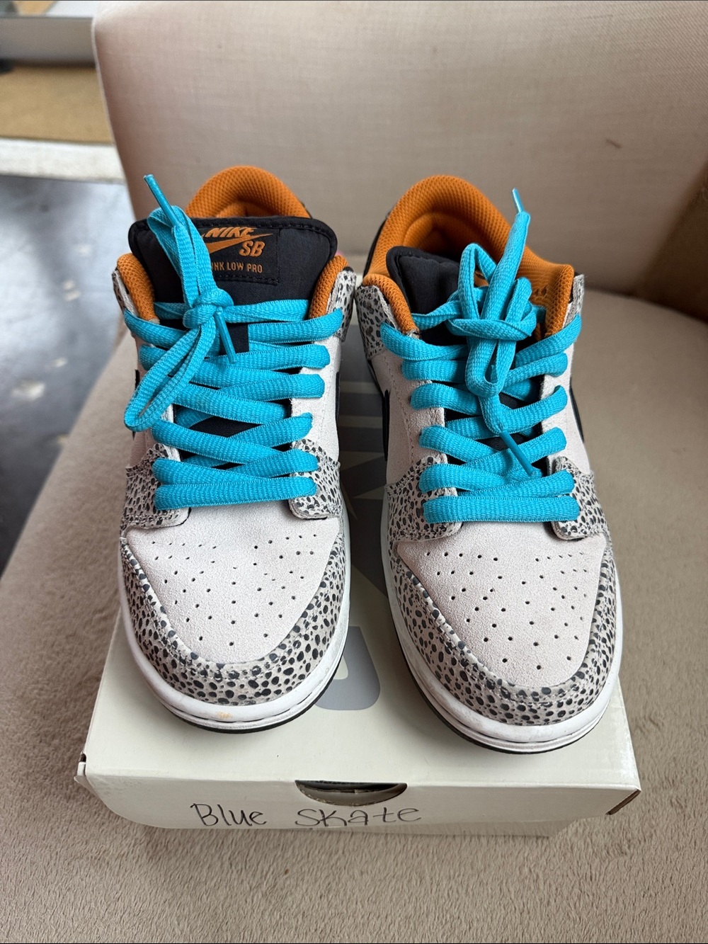 Nike SB Low Pro Sneakers in White, Black, Orange & Bright Blue